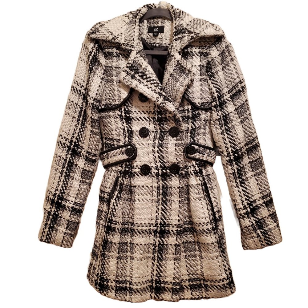 IZ Byer Black & Off White Plaid Knit Double Breasted Trench Coat Size Small